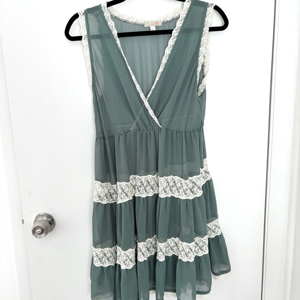 Rare Y2K Sheer Lace Green Babydoll Dress Large Fairy Dress